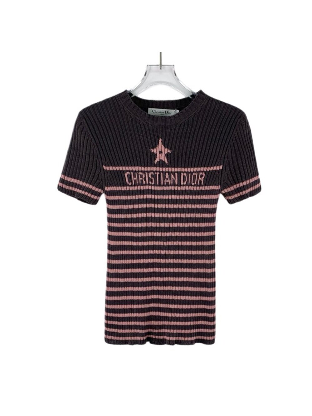 Dior Multicolor Striped Letter Intarsia Cotton Crew Neck Short-Sleeve Knit Top